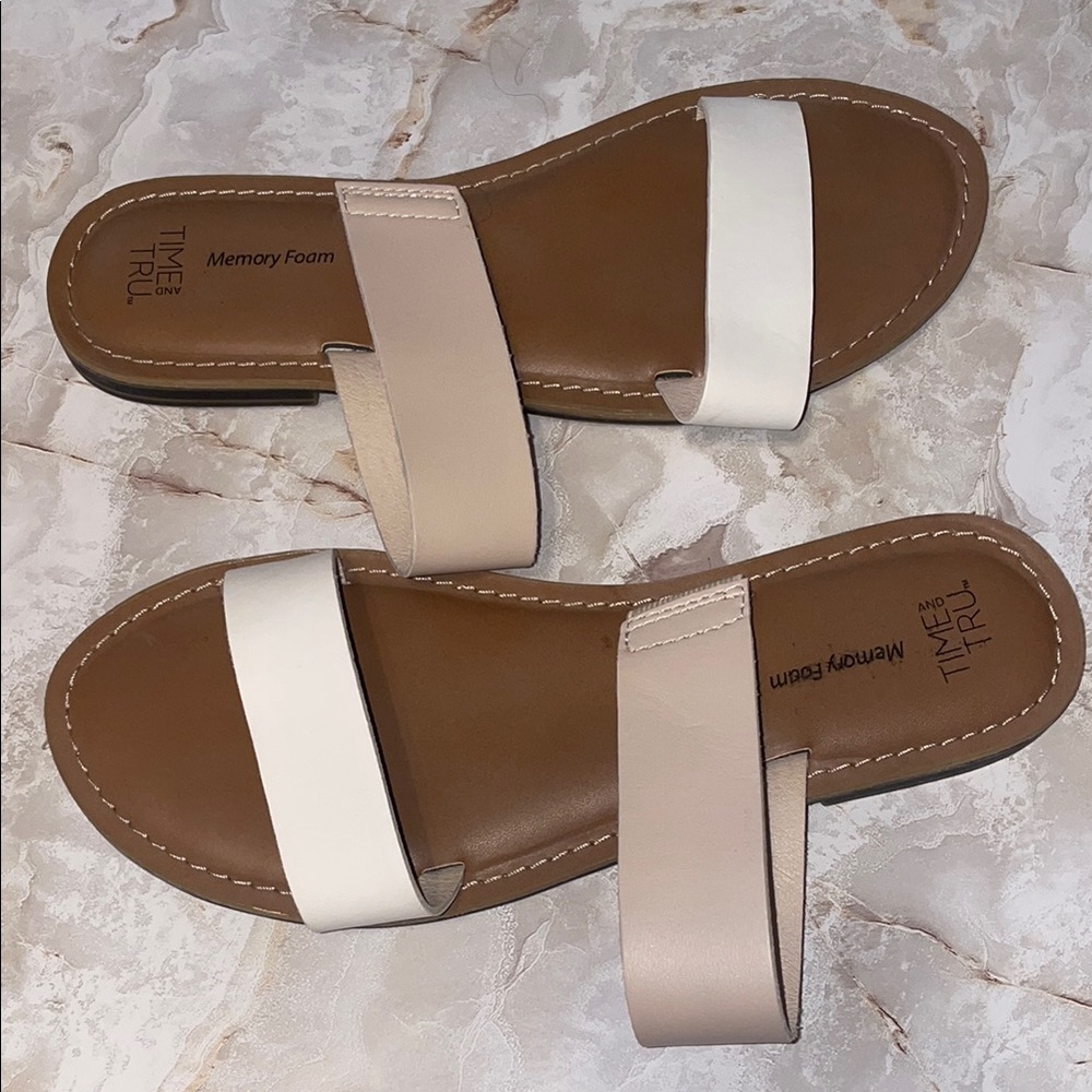 Time and Tru White and Tan Sandals Minimalist Design